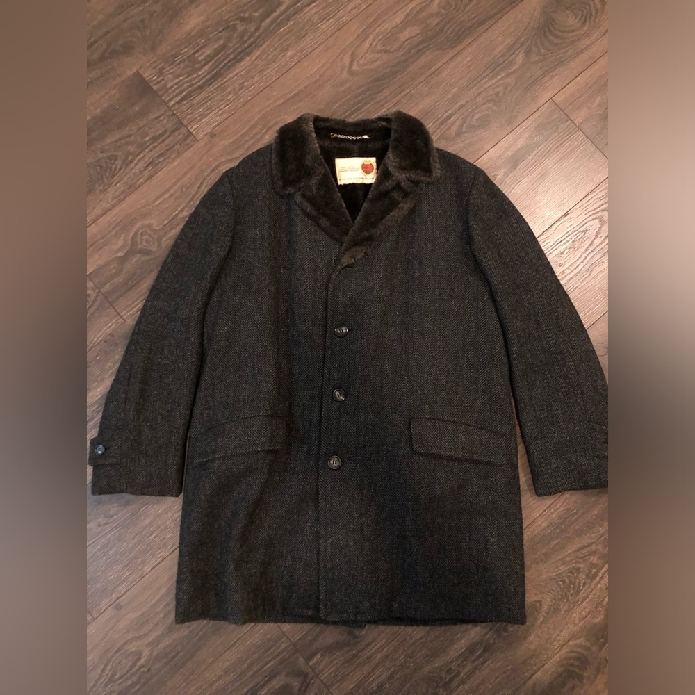 Vintage Zero King Pure Virgin Wool Tweed Coat Faux Fur Lining Women’s Large